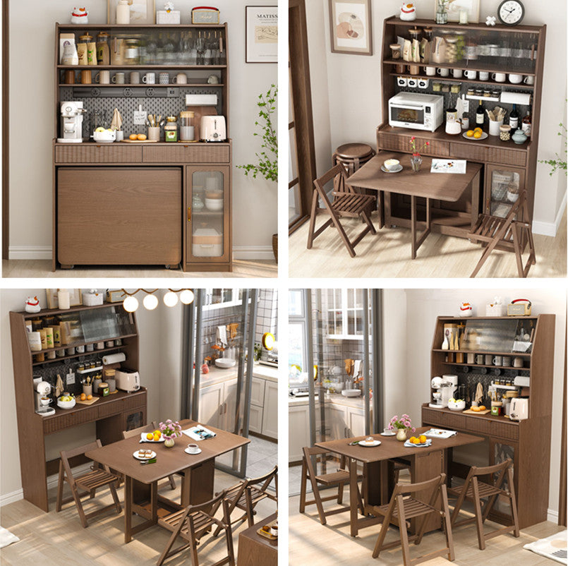 Kitchen Hutch Cabinet with Double Drop Leaf Dining Table and 4 Folding Chairs