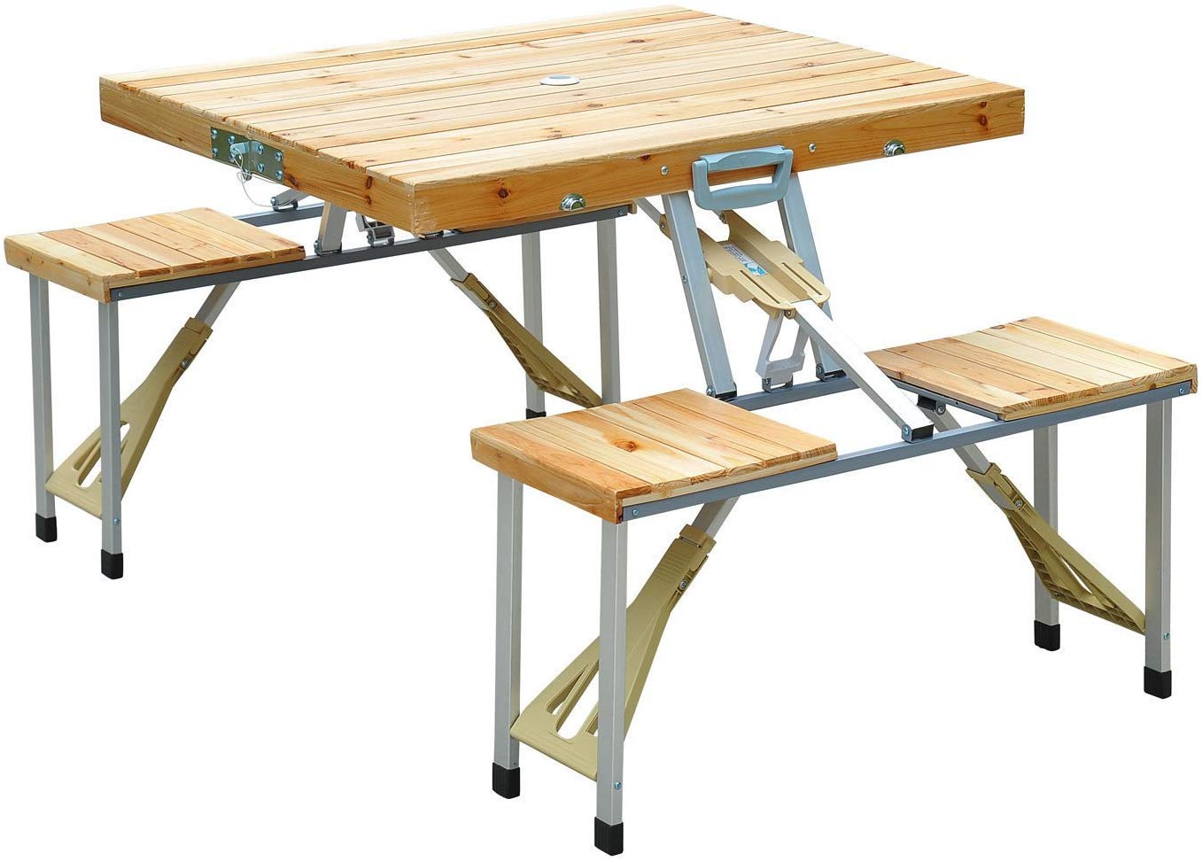 Portable Foldable Camping Picnic Table with Seats Chairs and Umbrella Hole-Wood