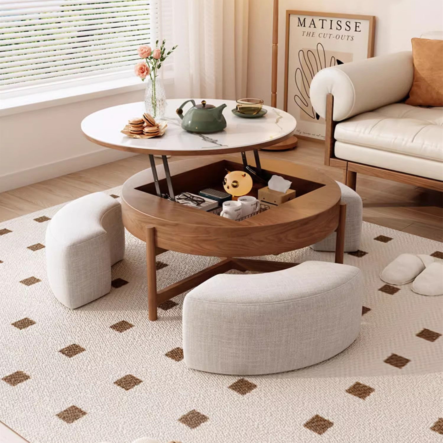 Limited time sale -Lift Top Round Coffee Table with Storage and Ottomans