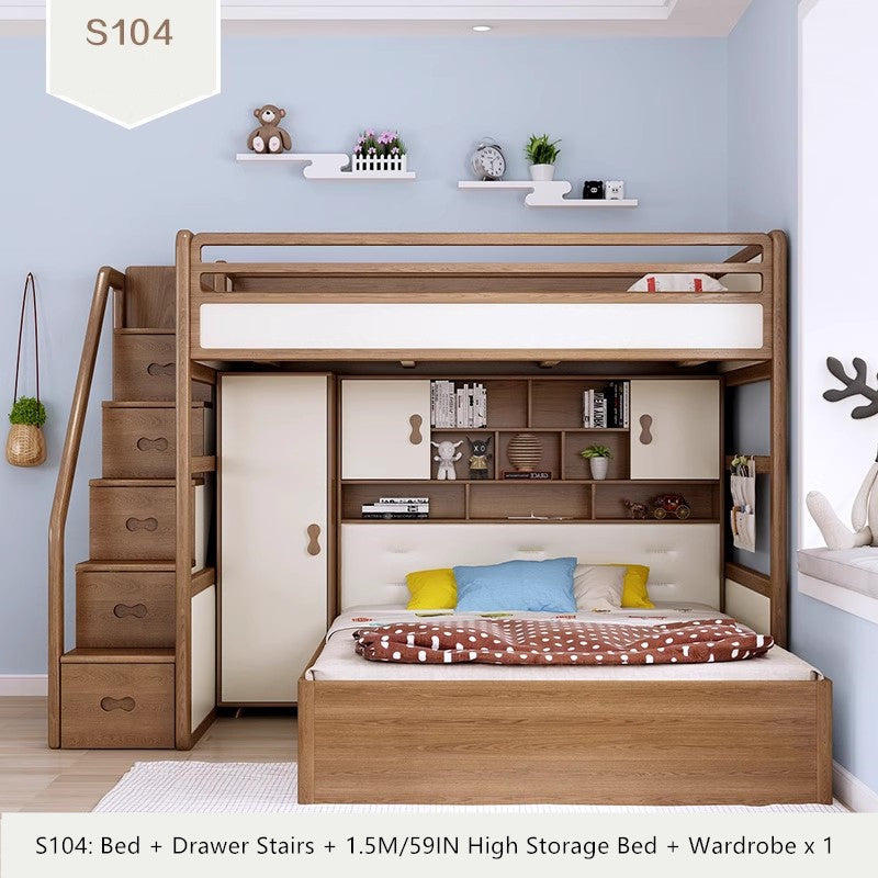 Solid Ash Wood Loft Bed with High Storage Bed Wardrobe and Drawer Stairs and Desk Combination