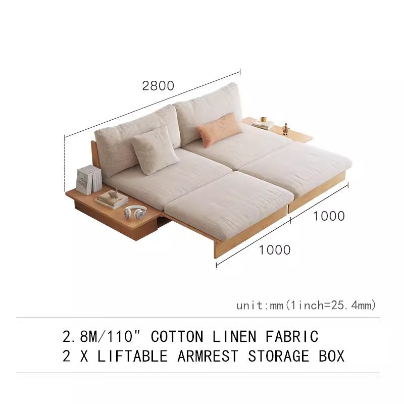 Last 3 days -Japandi Solid Wood Sofa Bed with Liftable Armrest Storage Box