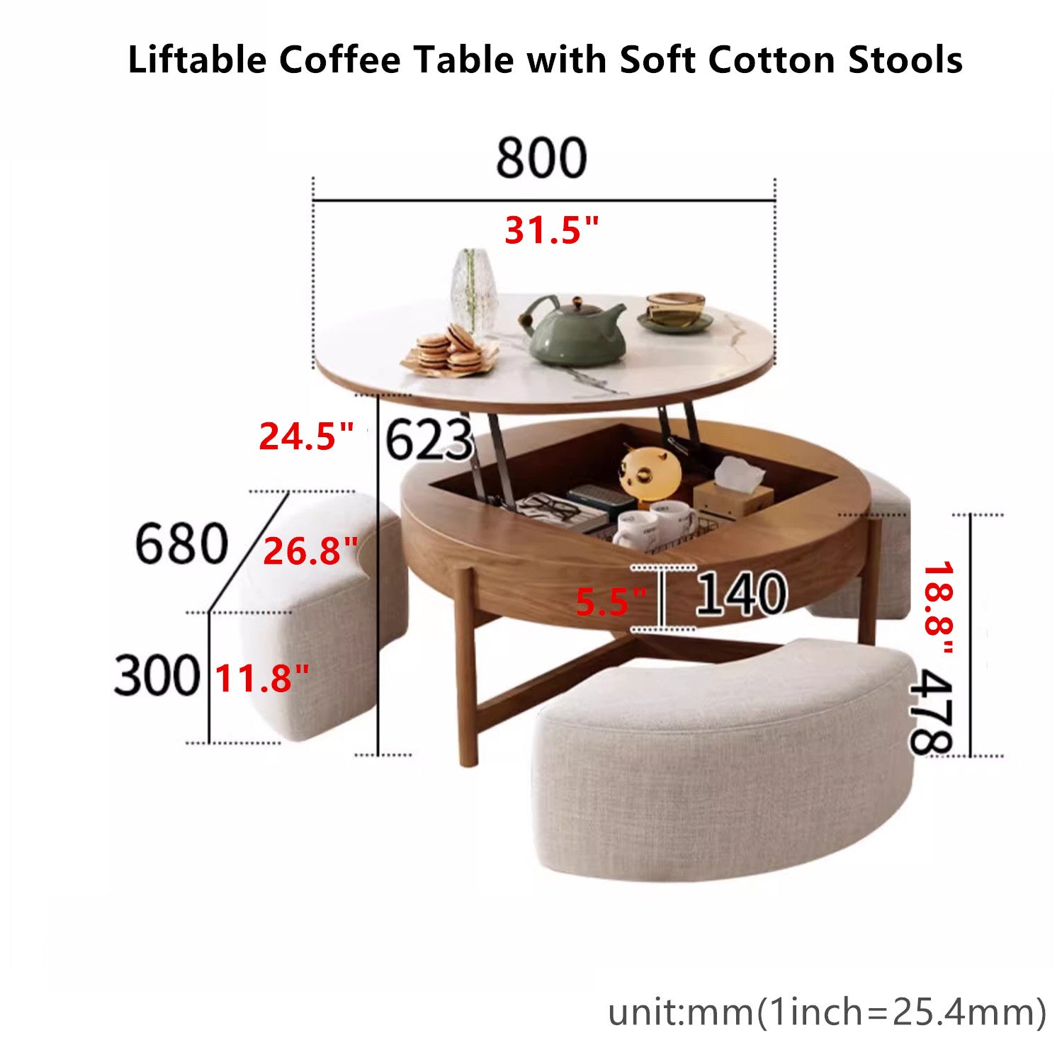 Limited time sale -Lift Top Round Coffee Table with Storage and Ottomans