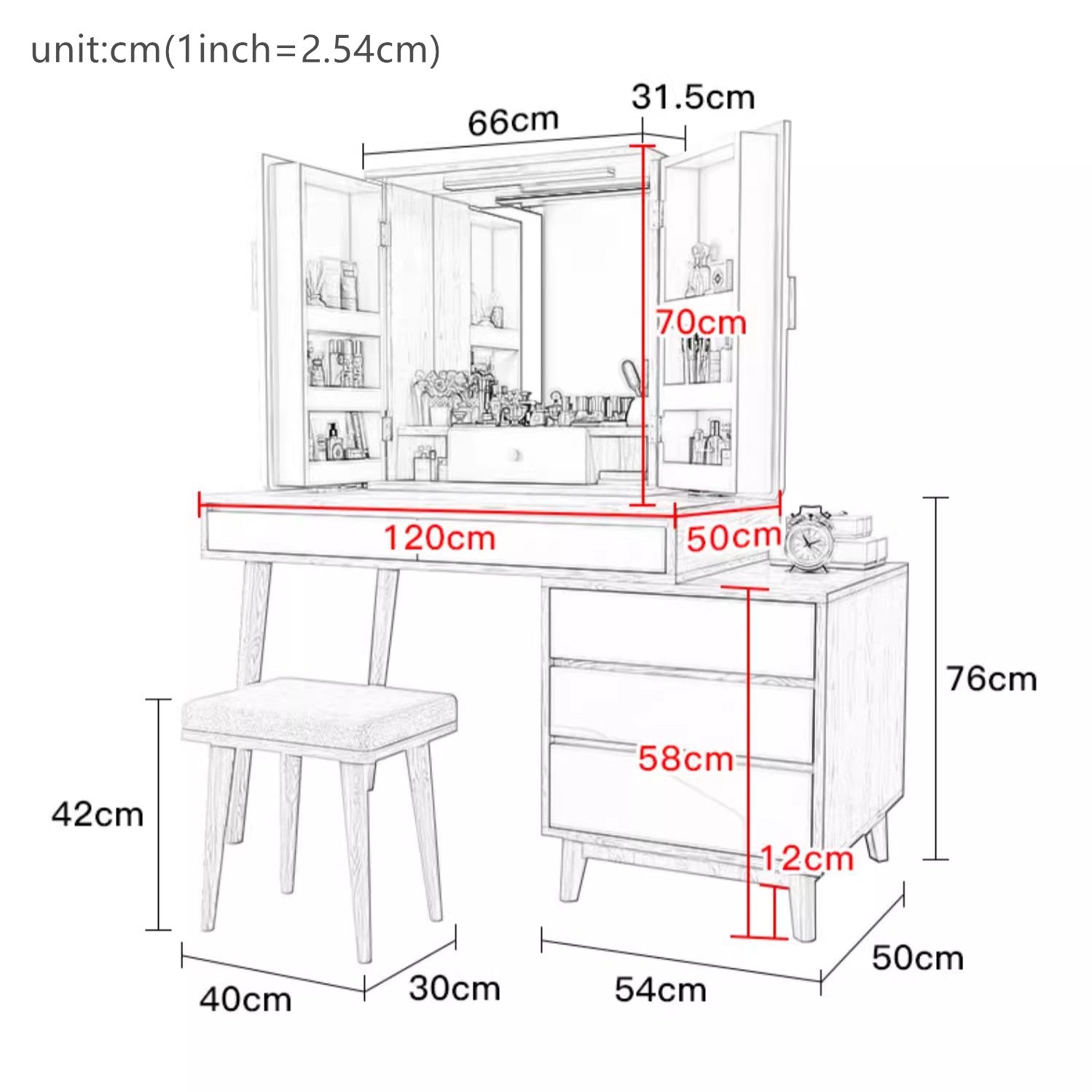 Large Vanity Table Set with Mirror and Light and Cushion Stool