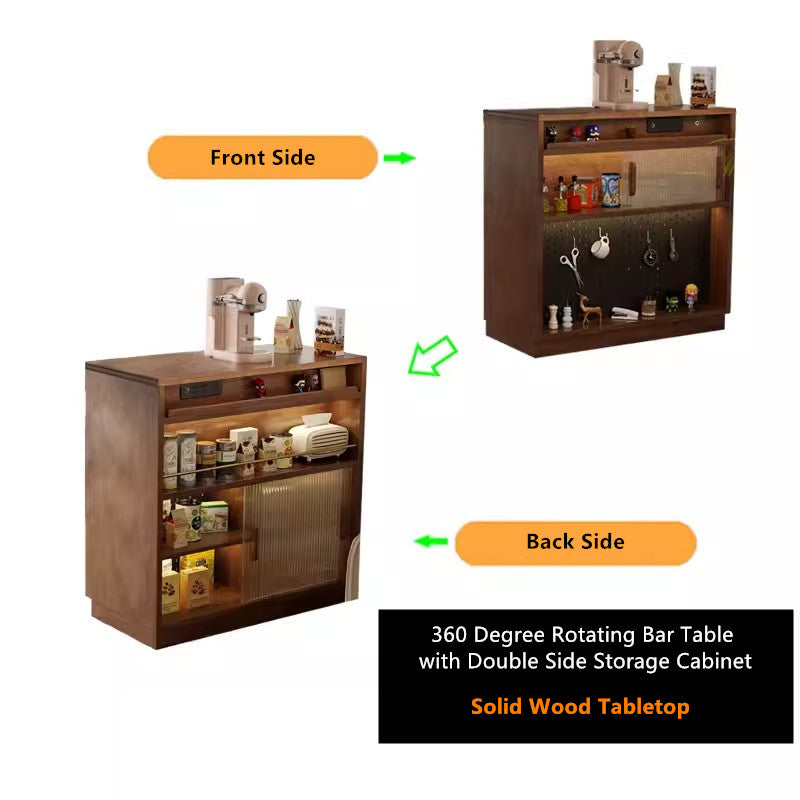 360° Solid Wood Rotating Bar Table with Double Side Storage Cabinet