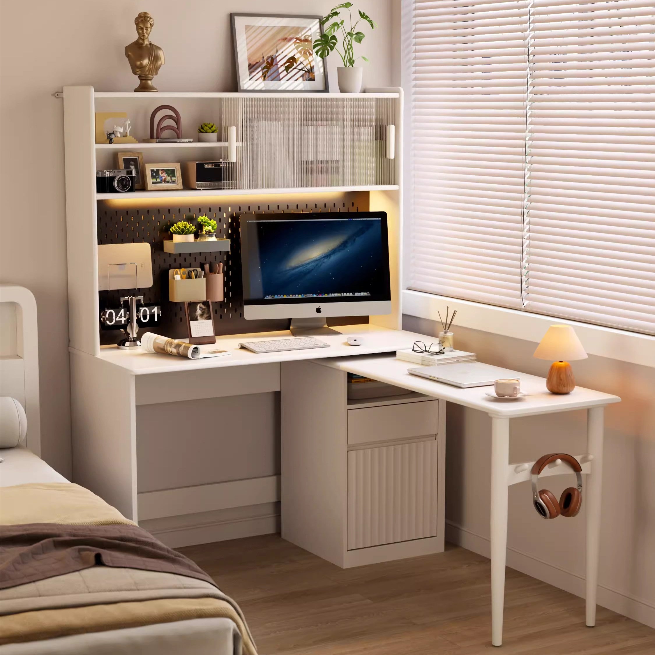 Space Saving Work Station with Pegboard and Rotating Desk