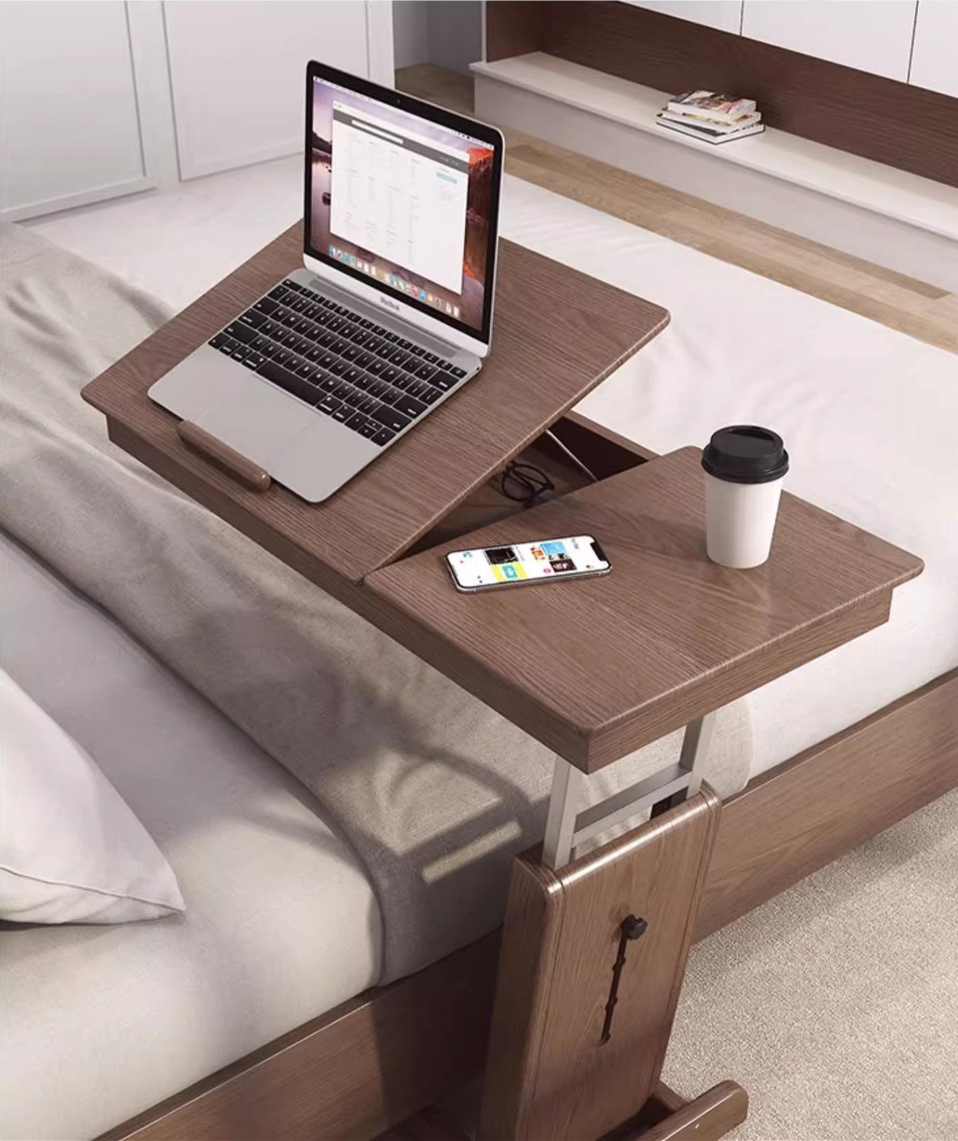 Height Adjustable C Shaped End Table with Tiltable Table Top