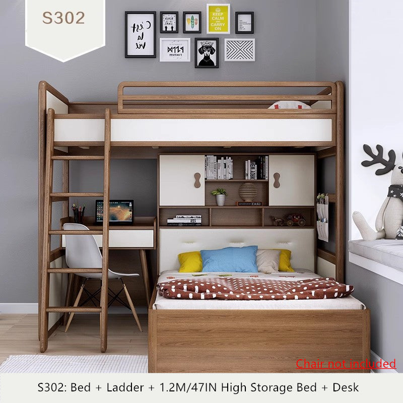 Solid Ash Wood Loft Bed with High Storage Bed Wardrobe and Drawer Stairs and Desk Combination