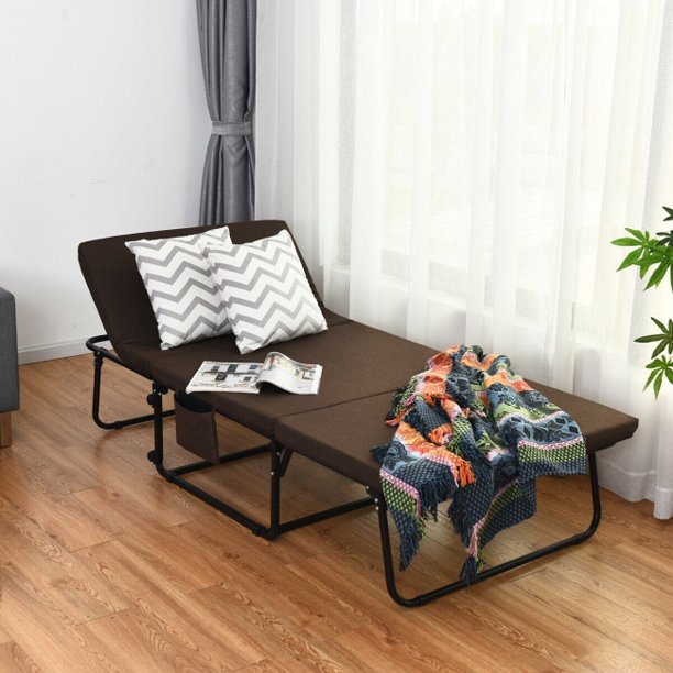 Portable Foldable Guest Bed with Adjustable 6 Position and Side Storage Pocket(Brown, 78" L X 35" W)
