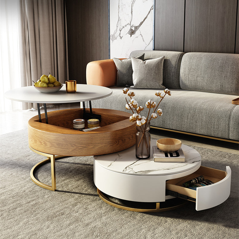 Round Coffee Table With Lift-UP Top and Double Rotating Drawers
