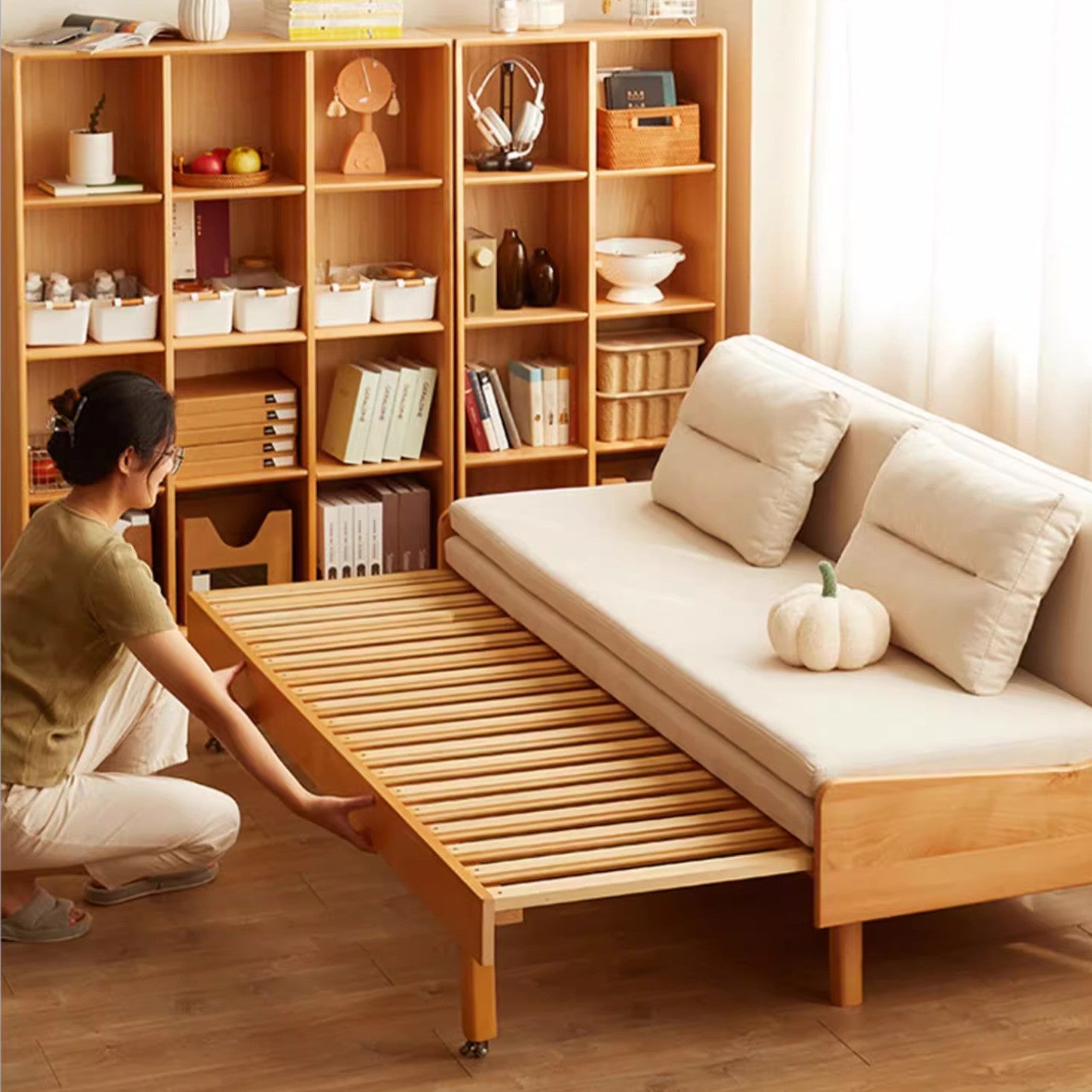 Limited time sale -Japandi Pull Out Solid Beech Wood Day Bed