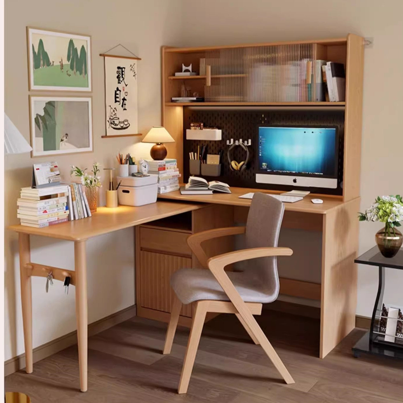 Space Saving Work Station with Pegboard and Rotating Desk