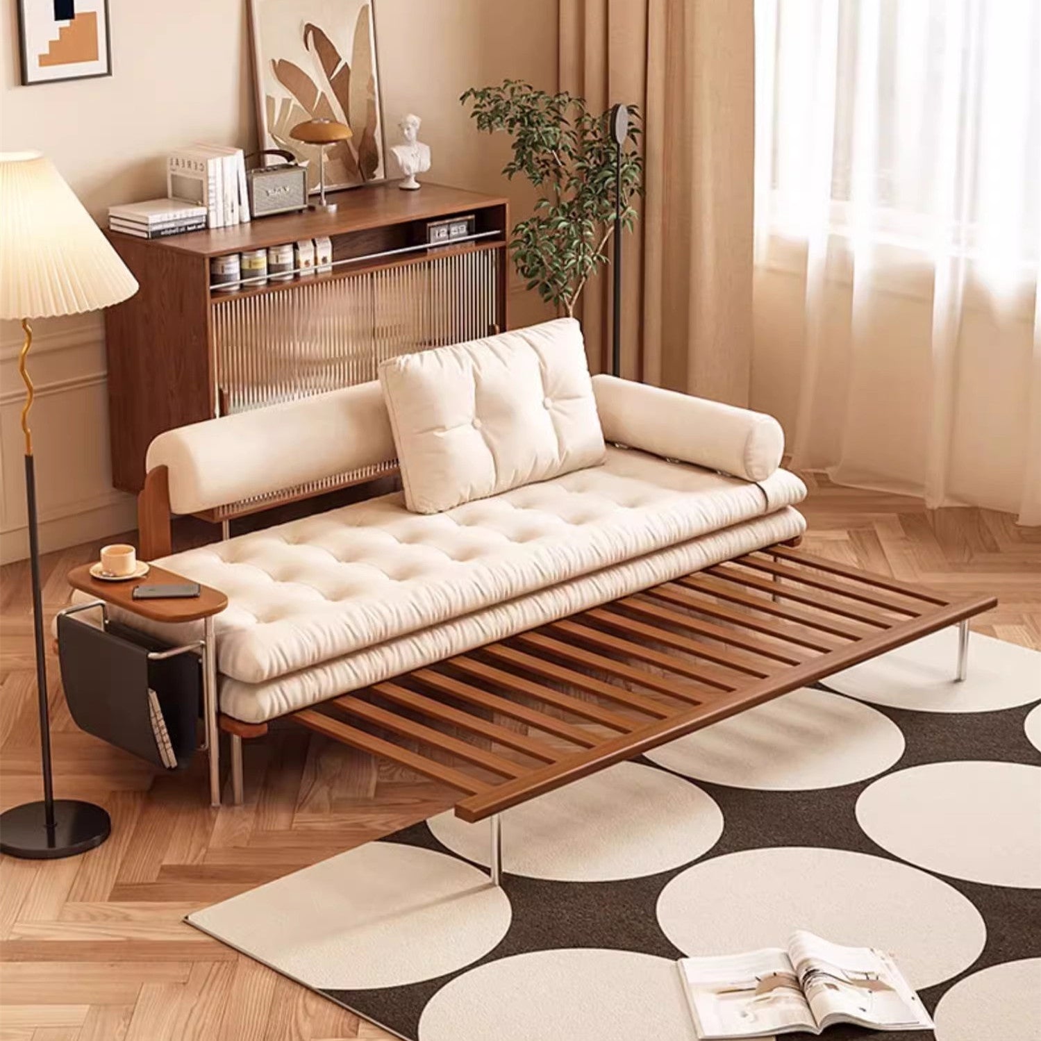Nordic Minimalist Sofa Bed with Rotating Side Table