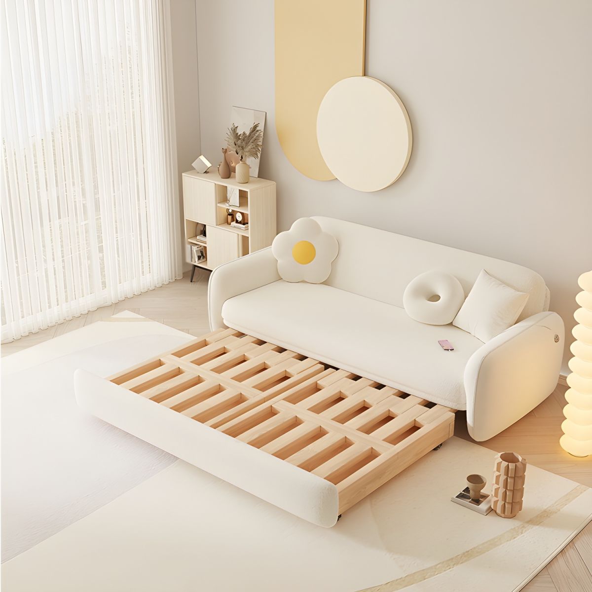 Berber Fleece Solid Wood Sofa Bed With Underneath Storage