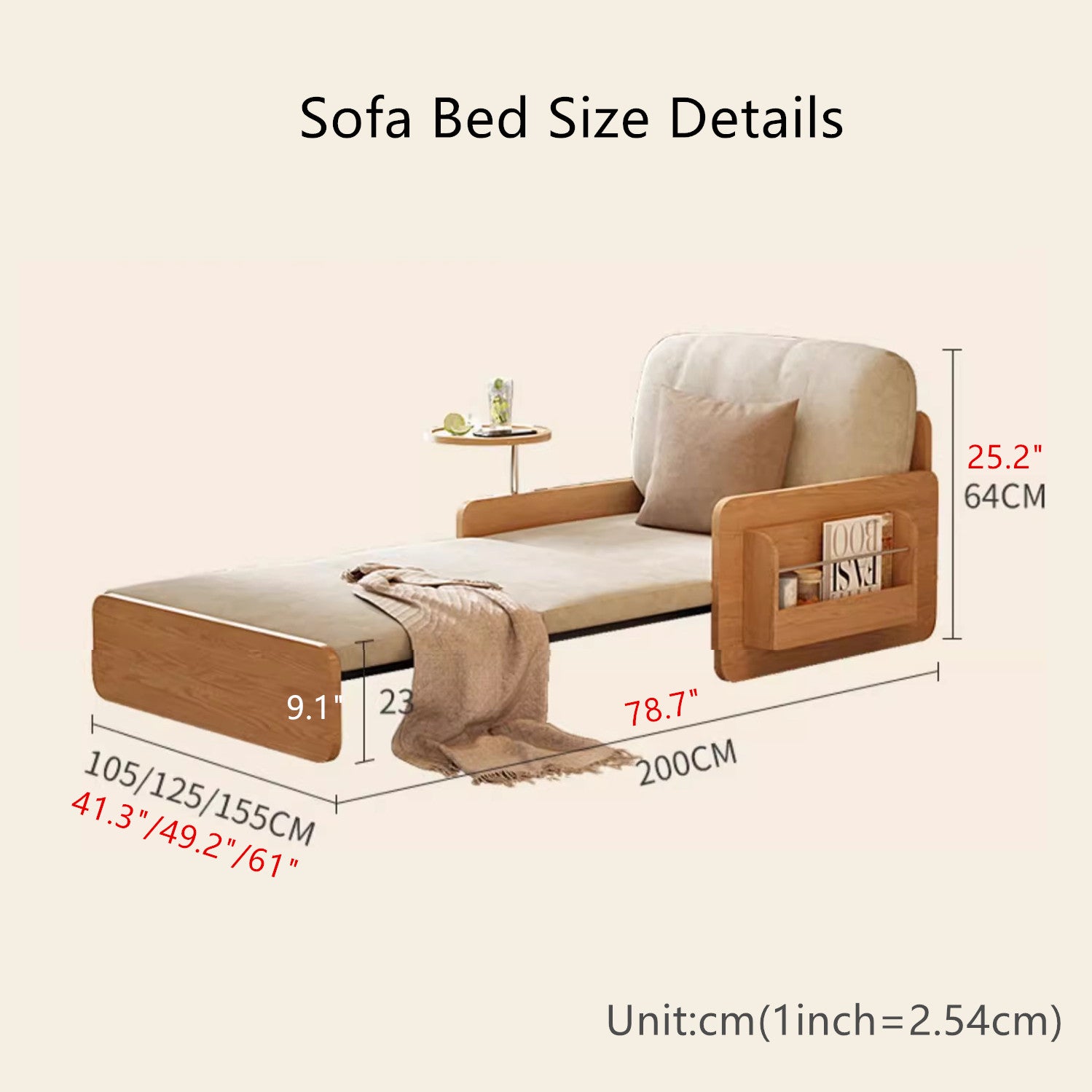 Japandi Log Style Pull Out Sofa Bed with Rotating Armrest Tray and Storage
