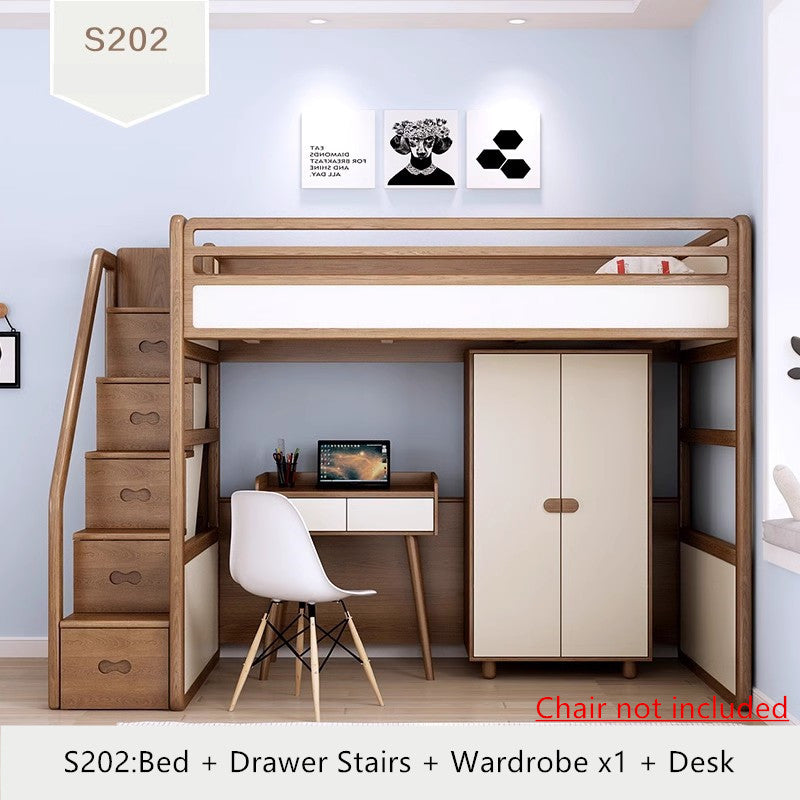 Solid Ash Wood Loft Bed with High Storage Bed Wardrobe and Drawer Stairs and Desk Combination