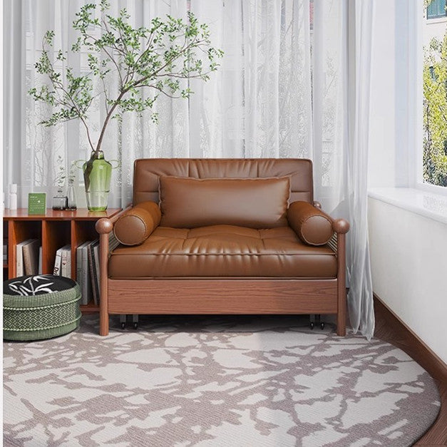 Rattan Weaving Armrests Leathaire Fabric Retro Sofa Bed with Underneath Storage
