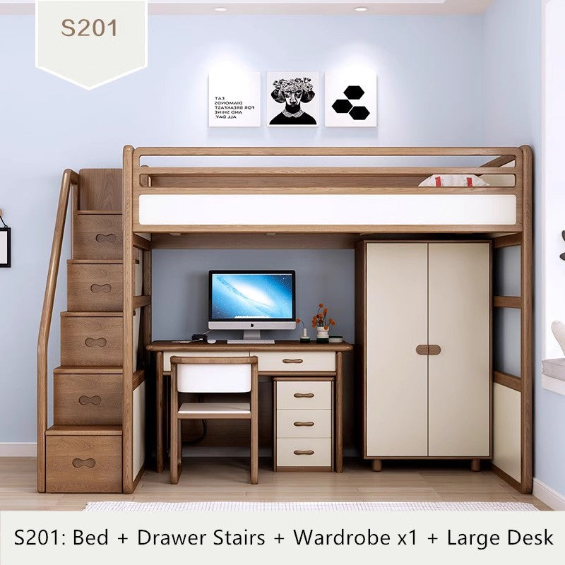 Solid Ash Wood Loft Bed with High Storage Bed Wardrobe and Drawer Stairs and Desk Combination