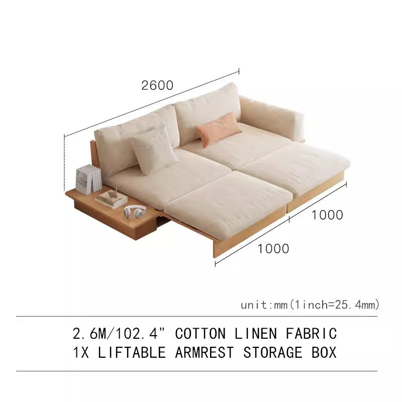 Best Selling -Japandi Solid Wood Sofa Bed with Liftable Armrest Storage Box