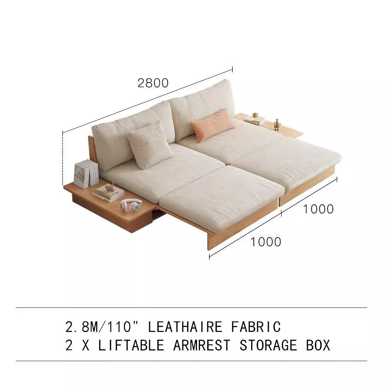 Last 3 days -Japandi Solid Wood Sofa Bed with Liftable Armrest Storage Box