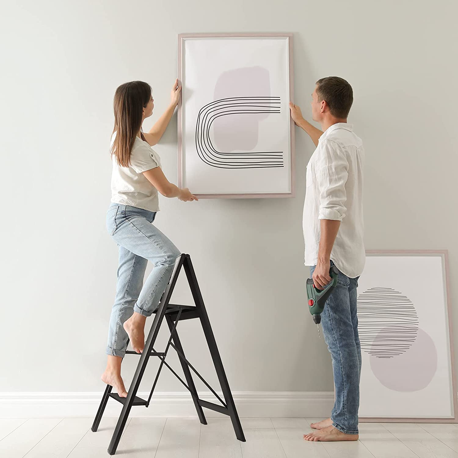 Limited time sale -Aluminum Lightweight Folding 3 Step Ladder with Anti-Slip and Wide Pedal for Home and Kitchen Space Saving