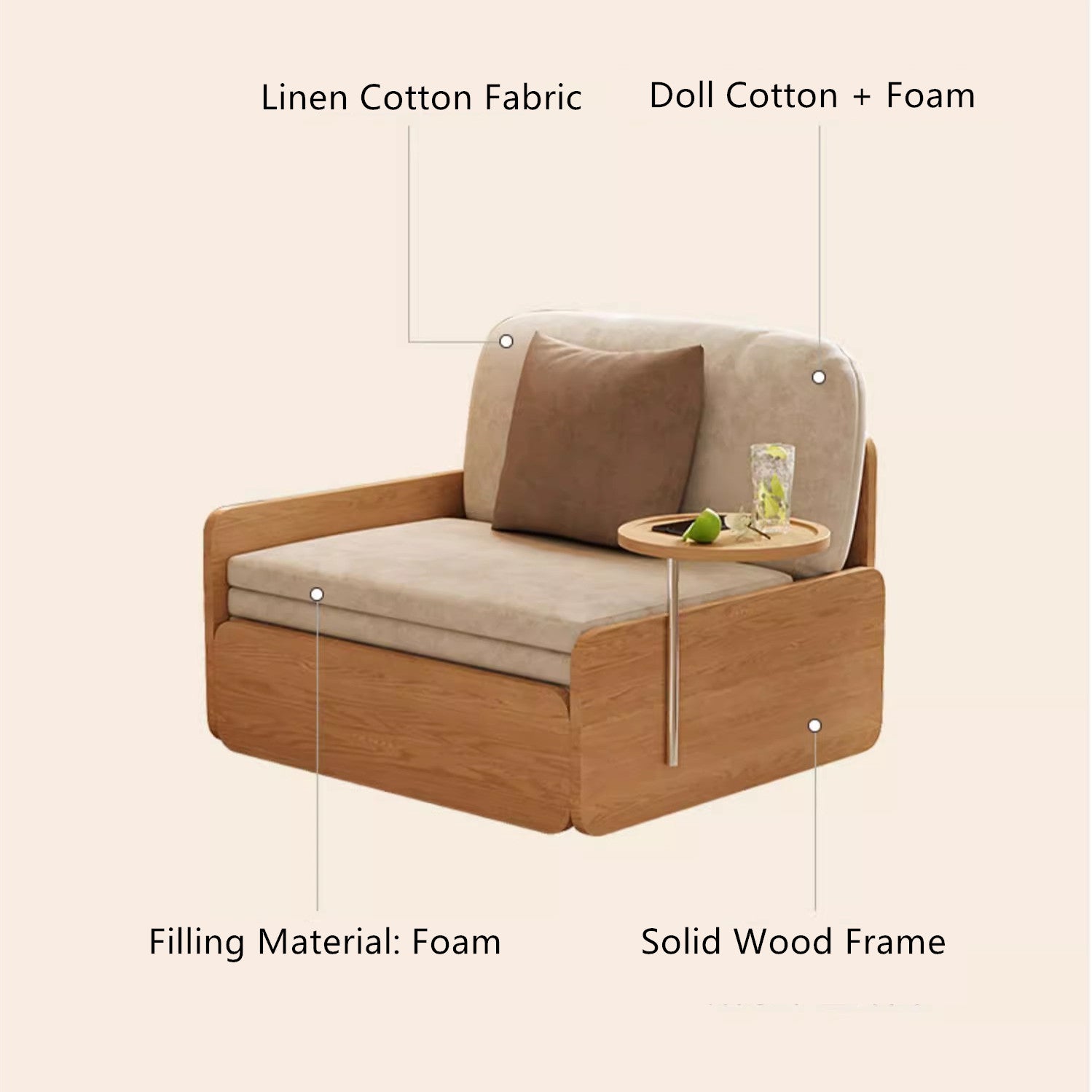 Japandi Log Style Pull Out Sofa Bed with Rotating Armrest Tray and Storage