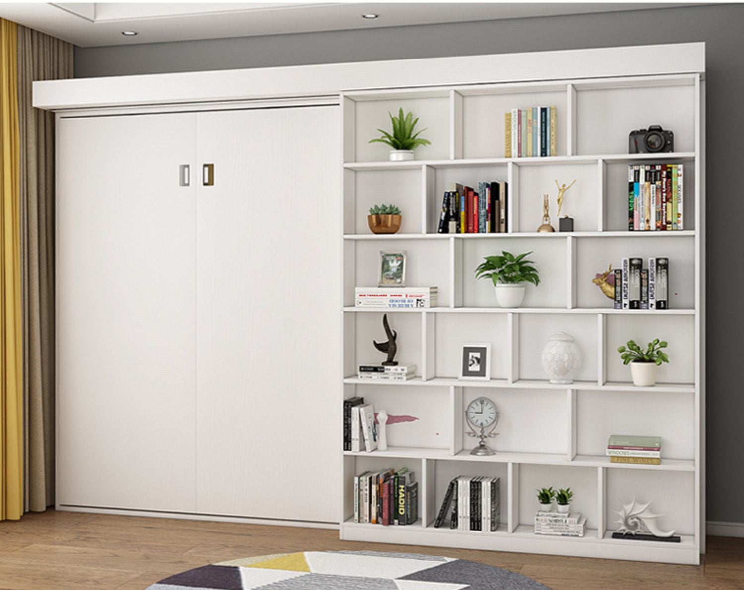 Murphy Bed with Bookshelf and Wardrobe and Foldable Desk