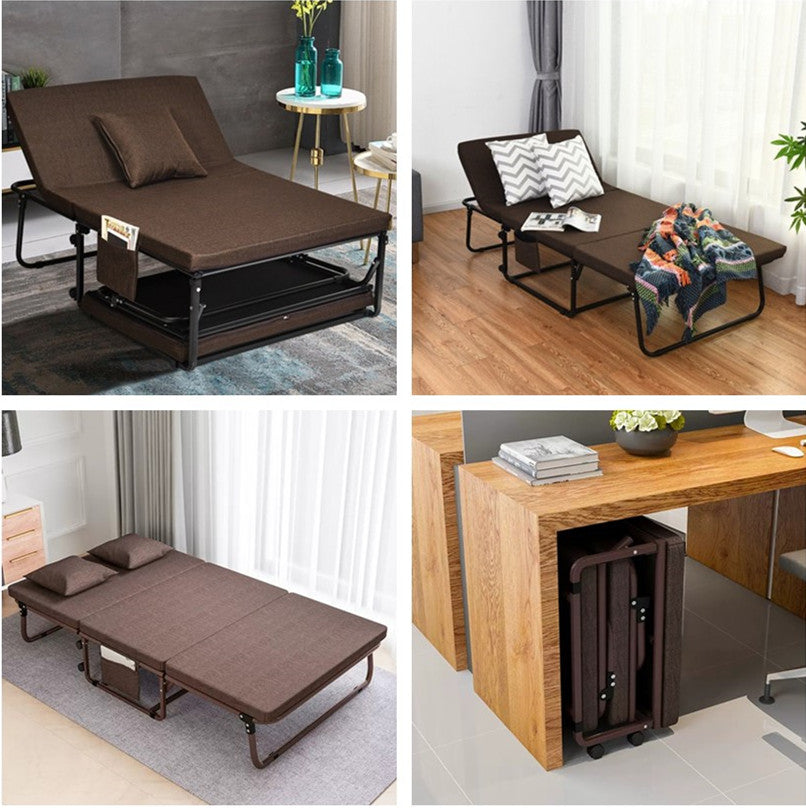 Portable Foldable Guest Bed with Adjustable 6 Position and Side Storage Pocket(Brown, 78" L X 35" W)