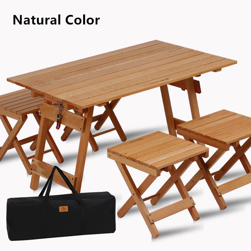 Outdoor Camping Folding Solid Wood Table With 4 Folding Chairs Set