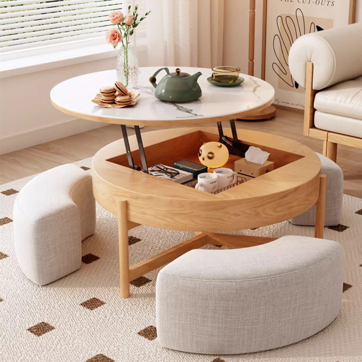 Limited time sale -Lift Top Round Coffee Table with Storage and Ottomans