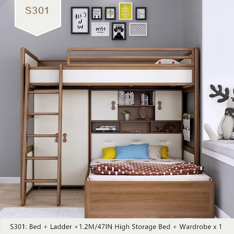 Solid Ash Wood Loft Bed with High Storage Bed Wardrobe and Drawer Stairs and Desk Combination