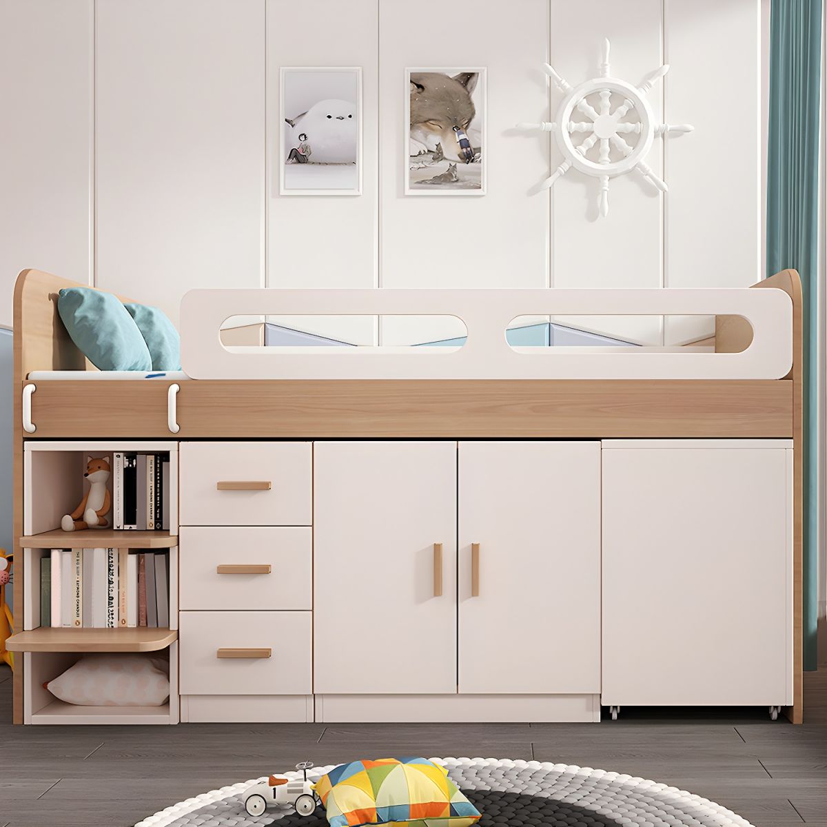 Kids Wood Loft Bed With Small Pull-Out Desk and Wardrobe and Storage Cabinet
