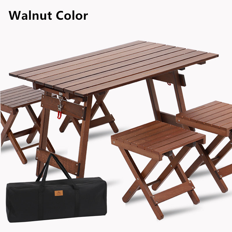 Outdoor Camping Folding Solid Wood Table With 4 Folding Chairs Set