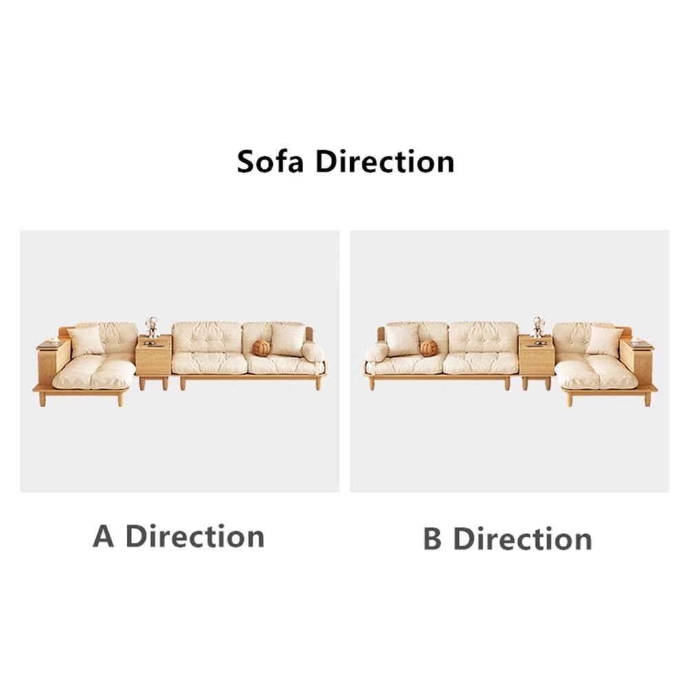 Japandi Solid Wood Sofa With Rotating Armrest Tray and Liftable End Table