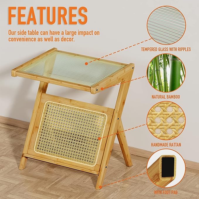 Limited time sale -Bamboo Rattan End Table with Storage