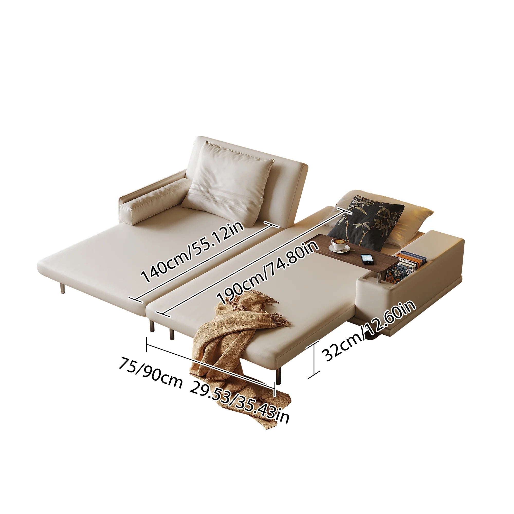 Leathaire Fabric Adjustable Back Support Sofa Bed With Rotating Armrest Desktop