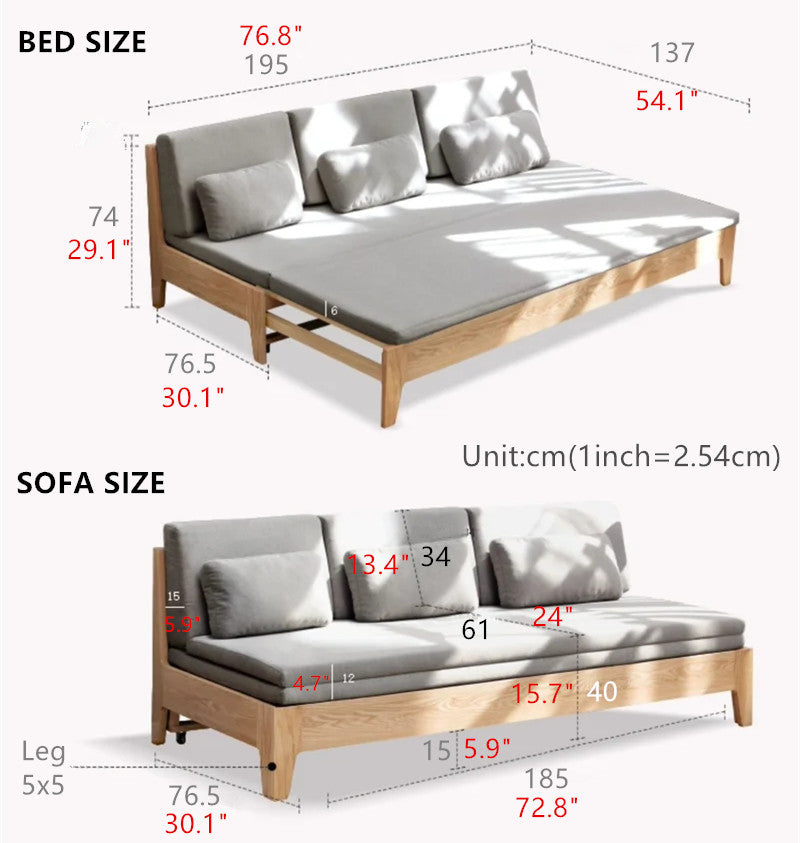 Japandi Pull Out Sleeper Sofa Bed With Solid Wood Back Support