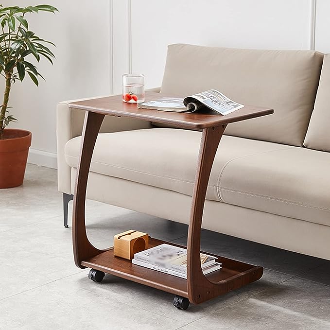 Limited time sale -Solid Wood C-Shaped End Table with Rolling Wheels