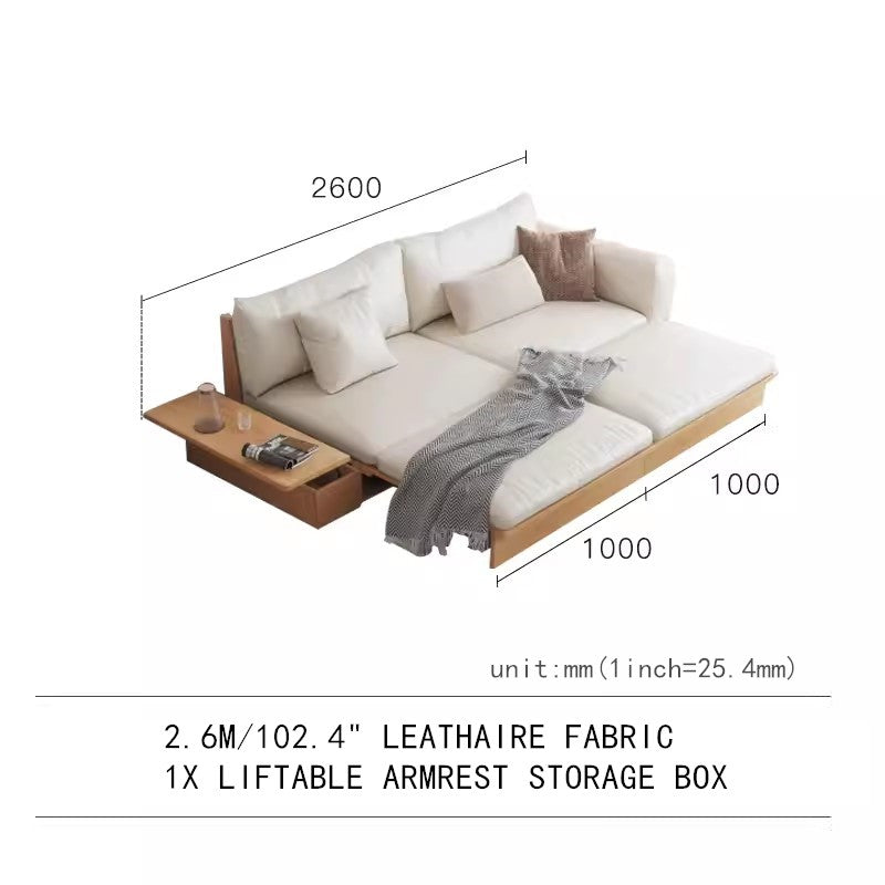 Last 3 days -Japandi Solid Wood Sofa Bed with Liftable Armrest Storage Box