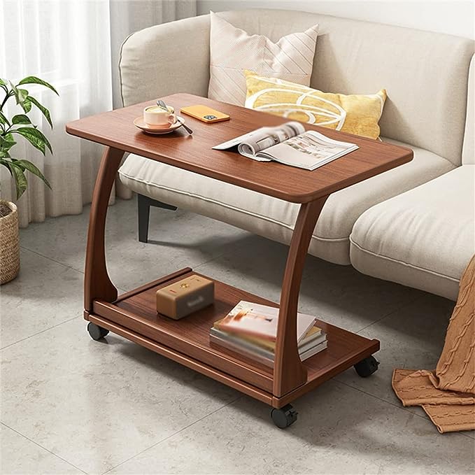 Limited time sale -Solid Wood C-Shaped End Table with Rolling Wheels