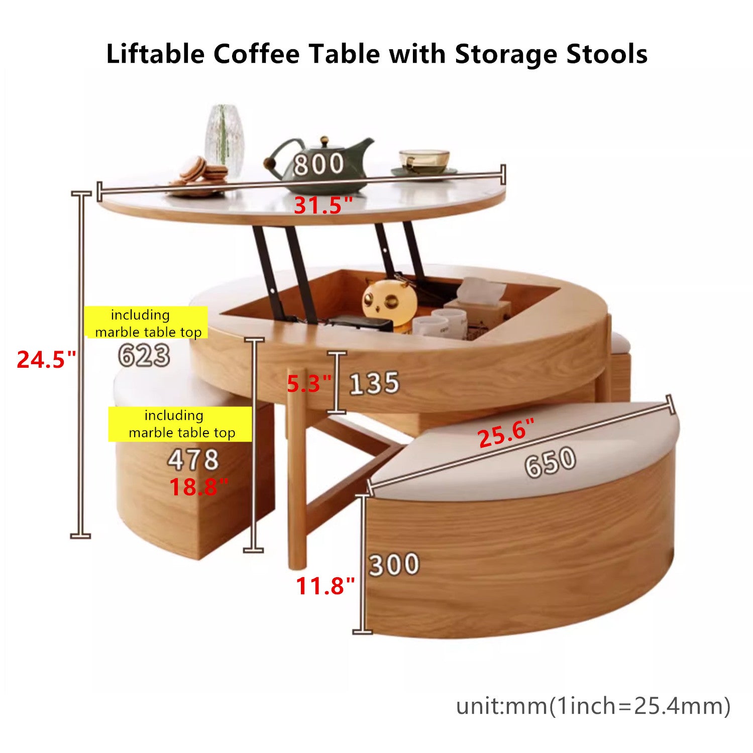 Limited time sale -Lift Top Round Coffee Table with Storage and Ottomans