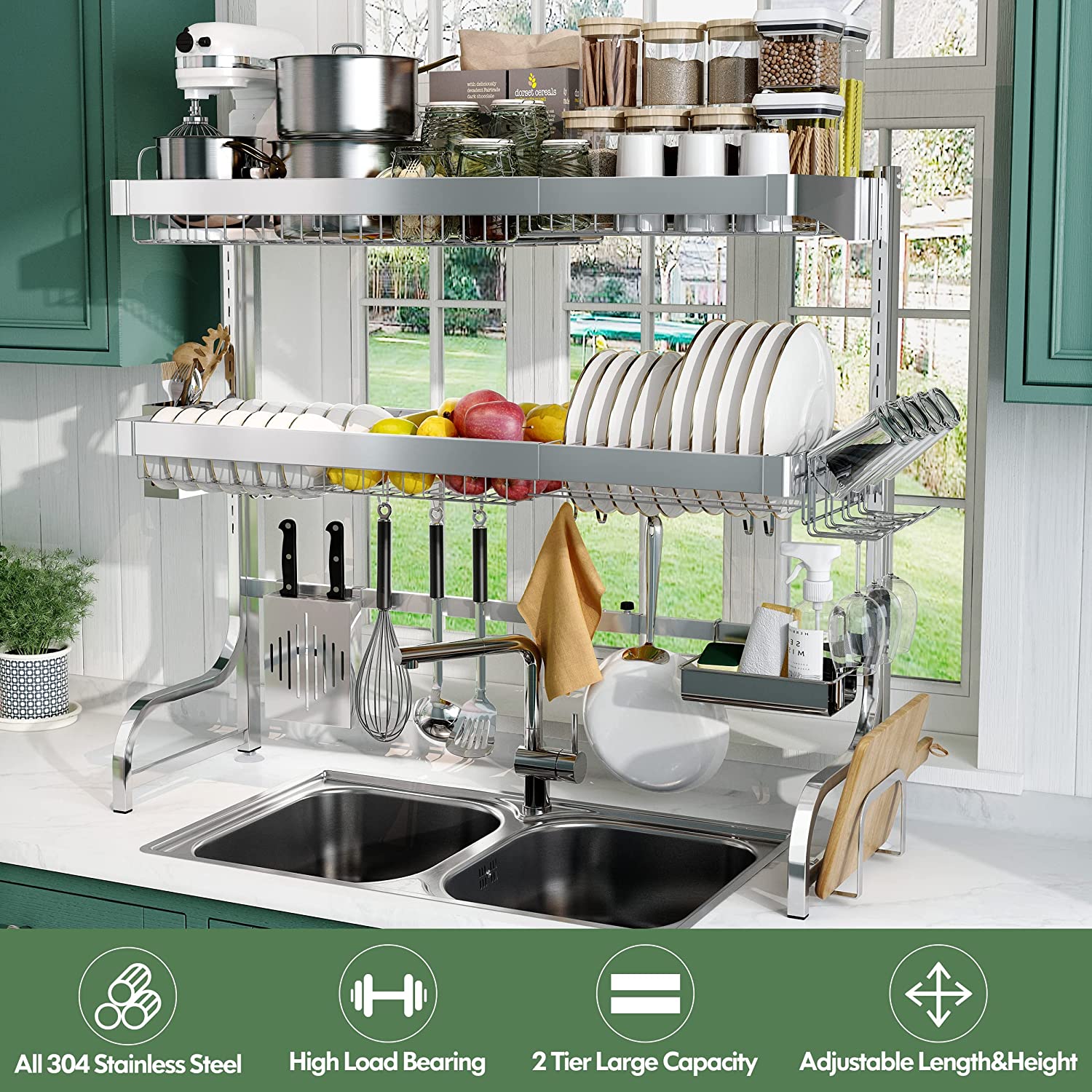 Limited time sale -Adjustable (25.6"-35.5") Large 3 Tier Over Sink Full 304 Stainless Steel Dish Drying Rack