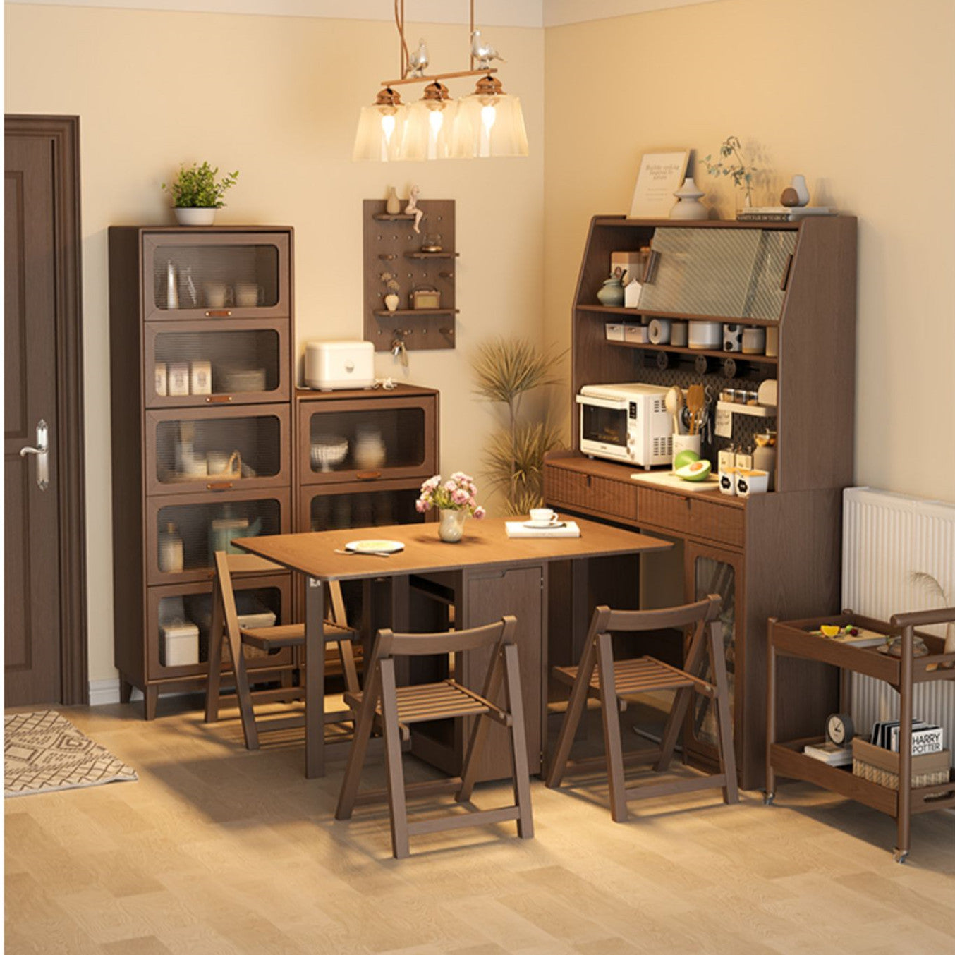 Kitchen Hutch Cabinet with Double Drop Leaf Dining Table and 4 Folding Chairs