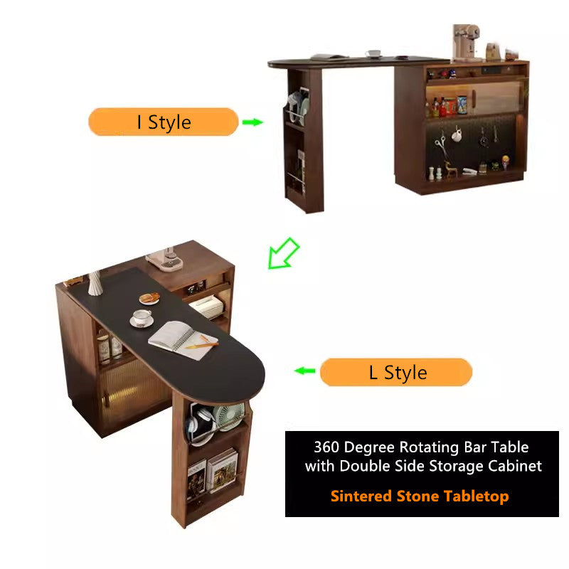 360° Solid Wood Rotating Bar Table with Double Side Storage Cabinet