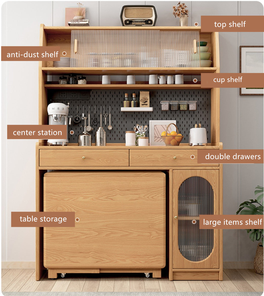 Kitchen Hutch Cabinet with Double Drop Leaf Dining Table and 4 Folding Chairs