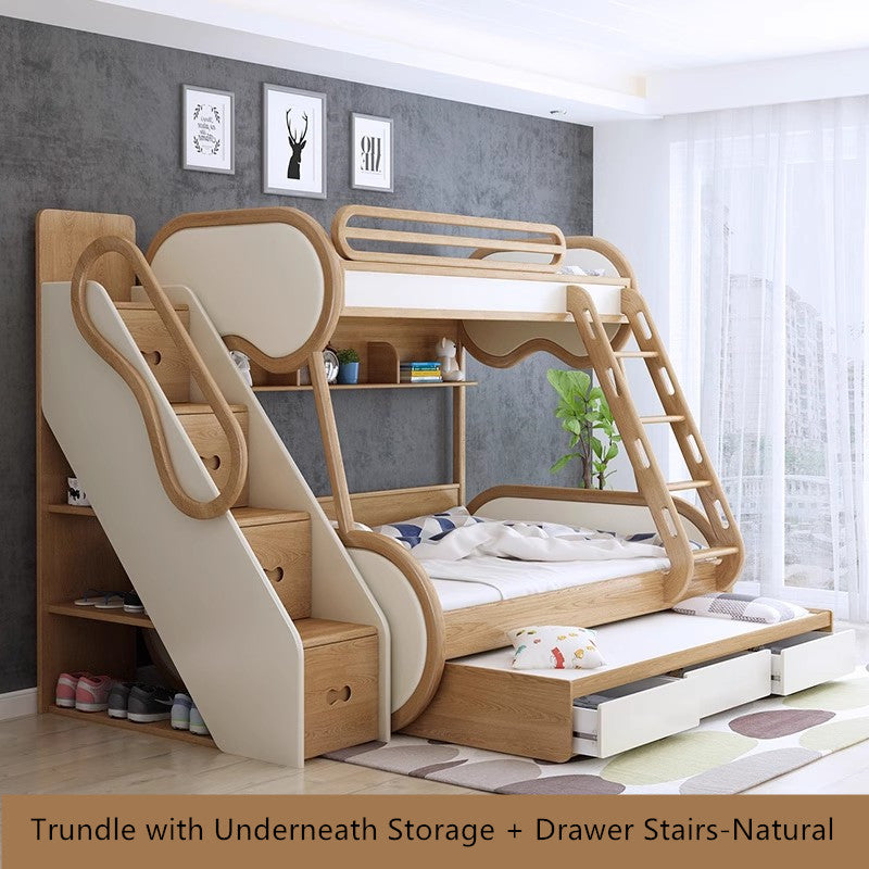 Twin over Full Bunk Bed with Underneath Storage Trundle and Drawer Stairs