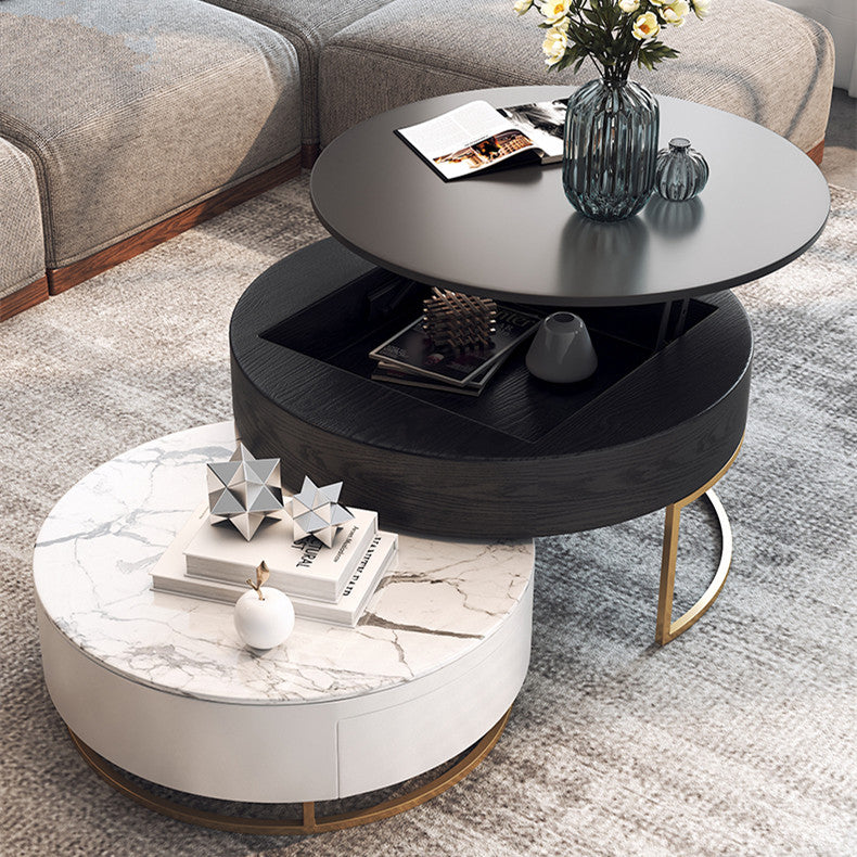 Round Coffee Table With Lift-UP Top and Double Rotating Drawers
