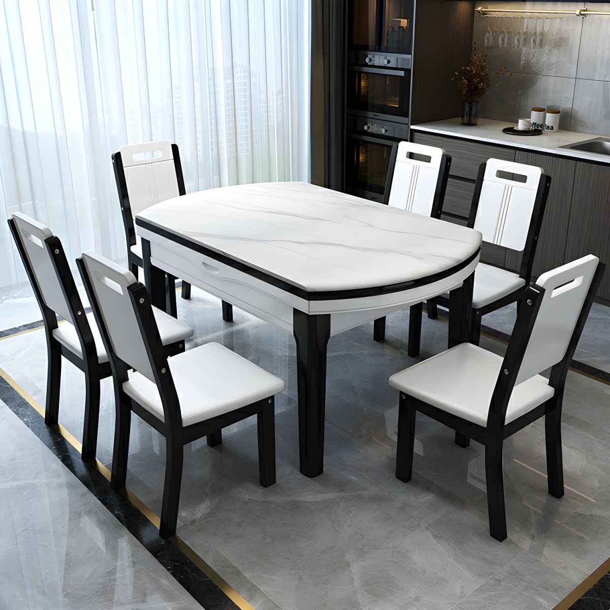 🔥【The last 15 sets】🔥(1 table and 6 chairs)👉Elegant Round White Marble Dining Table with Legs - Extendable and Scratch Resistant - Walnut 53.1_L x 33.5_W x 29.9_H