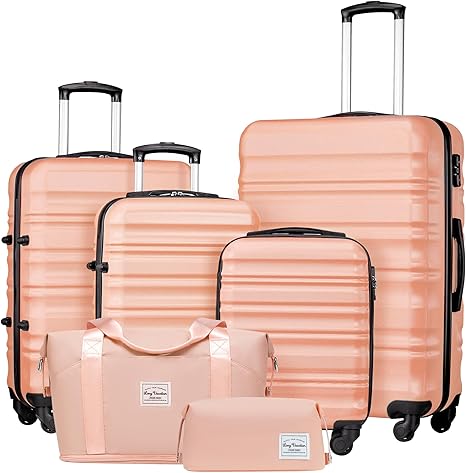 （Buy 1 Get 1 Free）LONG VACATION 6 Piece Luggage Set Carry on Suitcase with ABS+PC hardshell, Spinner Wheels & YKK Zipper TSA Lock (WHITE-BROWN, 6 piece set)