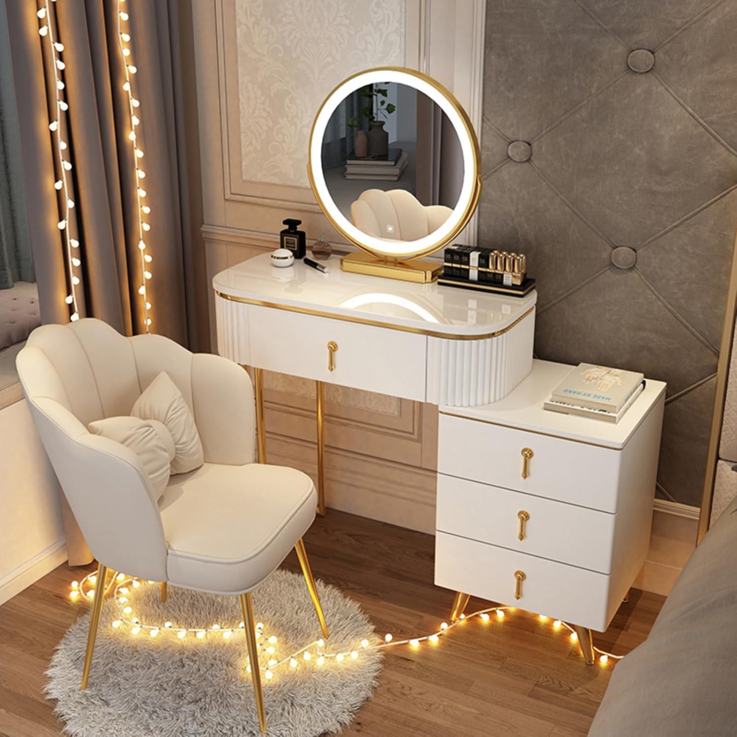 🔥🔥🔥(Buy 1 Get 1 Free)DEVLOIVI Makeup Vanity Desk, Modern Vanity Set with LED Smart Mirror and Makeup Chair, Luxury Dressing Table Include Smooth Slate Countertop and Side Cabinet with Drawers