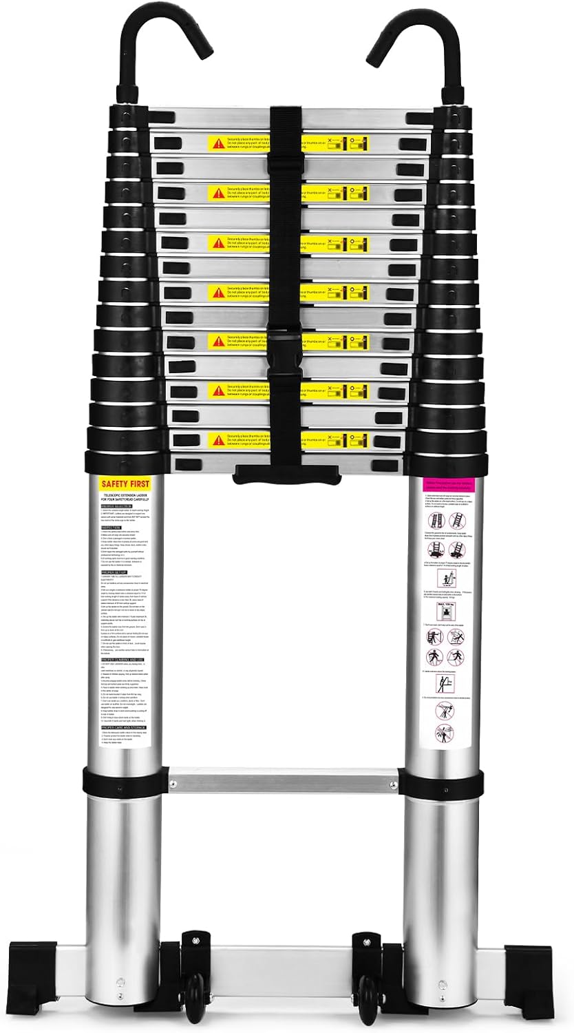 Telescoping Ladder, SocTone 12.5 FT Aluminum Lightweight Extension Ladder with 2 Triangle Stabilizers, Heavy Duty 330lbs Max Capacity, Multi-Purpose Collapsible Ladder for RV or Outdoor Work